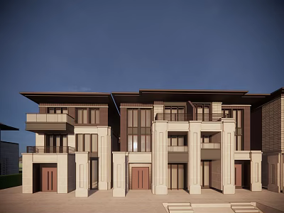 Contemporary Twin Villa Exterior With Symmetrical Design Balconies And Large Windows 3d model