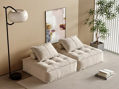 Beige Modular Two Seater Sofa With Upholstered Cushions Floor Lamp Abstract Painting And Green Plant 3d model