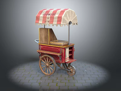 Red Vintage Food Cart With Striped Awning And Wooden Wheels On Brick Pavement 3d model