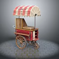 Red Vintage Food Cart With Striped Awning And Wooden Wheels On Brick Pavement
