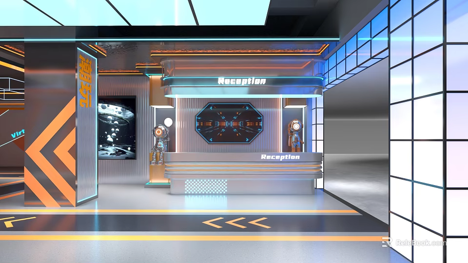 Futuristic Reception Interior Design With Modern Desk And Advanced Lighting Features 3d model 