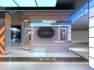 Futuristic Reception Interior Design With Modern Desk And Advanced Lighting Features 3d model