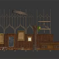 Medieval Wooden Scene Components With Gothic Arch Railings Display Cabinets And Blackboard