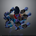 Mythical Blue Armored Creature With Multiple Glowing Arms And Gold Accents