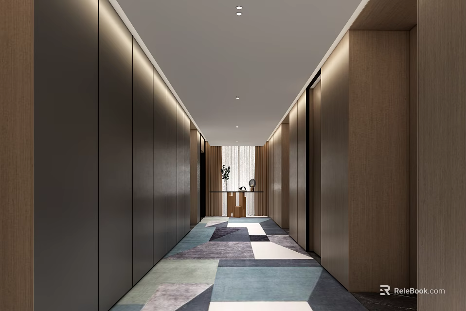 Elegant Modern Hotel Corridor With Long Wooden Walls Geometric Carpet Recessed Lighting And Minimalist Design 3d model 