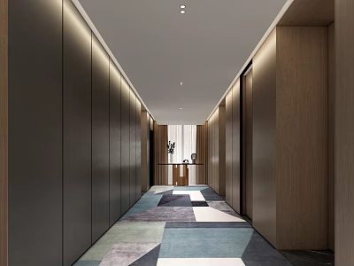 Elegant Modern Hotel Corridor With Long Wooden Walls Geometric Carpet Recessed Lighting And Minimalist Design 3d model
