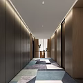 Elegant Modern Hotel Corridor With Long Wooden Walls Geometric Carpet Recessed Lighting And Minimalist Design