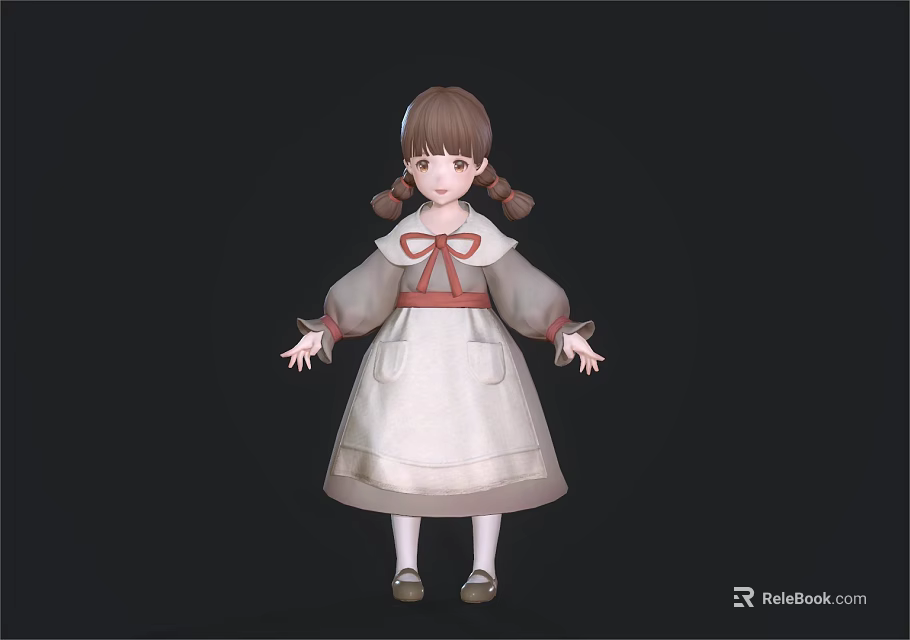 Child With Brown Pigtails In White Dress Red Bow Long Sleeves White Socks Brown Shoes 3d model 