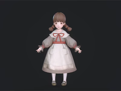 Child With Brown Pigtails In White Dress Red Bow Long Sleeves White Socks Brown Shoes 3d model