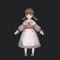 Child With Brown Pigtails In White Dress Red Bow Long Sleeves White Socks Brown Shoes