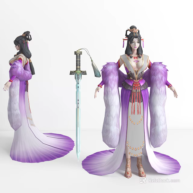 Game Anime Character In Purple White Robe With Fox Tail And Sword Accessory 3d model 