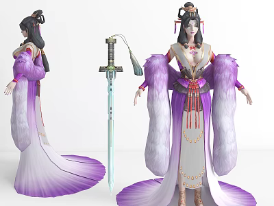 Game Anime Character In Purple White Robe With Fox Tail And Sword Accessory 3d model