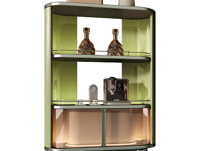Modern Green Sideboard With Glass Shelves Decorative Bottles And Coffee Machine Storage 3d model