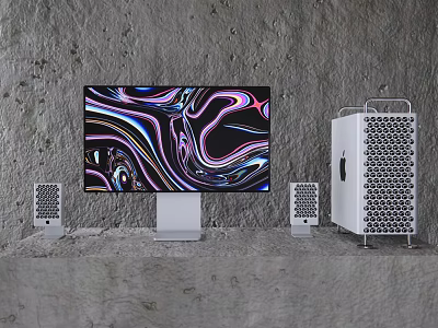 Modern Desktop Computer Setup With White Tower Monitor Colorful Screen And Speakers 3d model