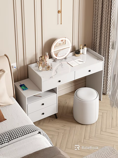 Modern White Dressing Table With Marble Top Mirror Cosmetics Notebook Pen And Stool 3d model