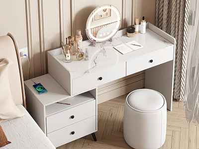 Modern White Dressing Table With Marble Top Mirror Cosmetics Notebook Pen And Stool 3d model