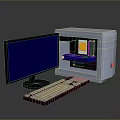 Modern Desktop Computer Setup With Black Monitor Blue Screen White Tower And Keyboard