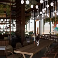 Cozy Café Interior Featuring Wooden Tables Chairs Hanging Green Plants And Colorful Decor