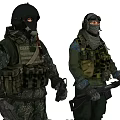 Game and Movie Characters in Military Uniforms With Helmets Face Masks Tactical Gear and Rifles
