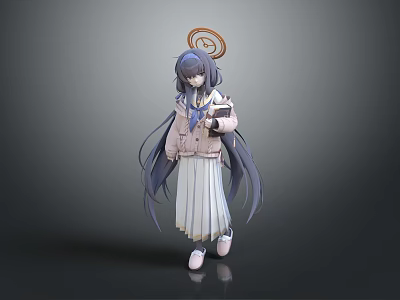 Game Character With Long Blue Hair Golden Halo Pink Coat White Pleated Skirt Holding Book 3d model