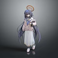 Game Character With Long Blue Hair Golden Halo Pink Coat White Pleated Skirt Holding Book