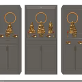 Light Gray Buddhist Shrine Cabinet Featuring Golden Buddha Statues Circular Halo Lighting And Storage Shelves