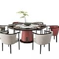Round Dining Table Set With Six Gray And Pink Chairs Marble Tabletop Decorative Plant