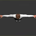 Man With Arms Outstretched Wearing White Shirt Black Pants Gray Shoes Against Gray Background