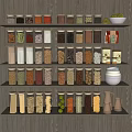 Organized Kitchen Shelves With Various Spice Jars Grains And Ingredients Neatly Arranged On Wooden Background