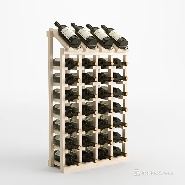 Wooden Wine Rack With Multiple Rows Of Stored Wine Bottles 3d model 