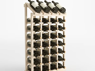 Wooden Wine Rack With Multiple Rows Of Stored Wine Bottles 3d model