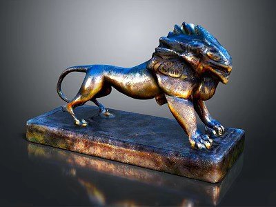Exquisite Bronze Lion Sculpture Carving With Intricate Details On Square Base 3d model