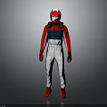 Full Body Racing Character In Red White Blue Suit With Helmet Standing Against Gray Background