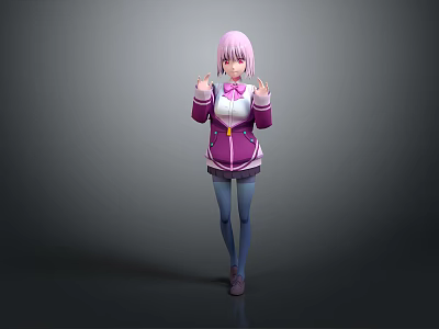 3D Animated Game Character With Pink Hair Purple And White Jacket Blue Pants Standing Pose 3d model