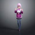 3D Animated Game Character With Pink Hair Purple And White Jacket Blue Pants Standing Pose