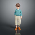Man in Blue Sweater and Beige Pants Standing on Reflective Floor with Gray Background