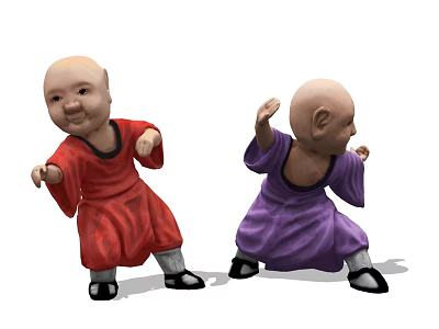 Little Monk Figurines In Red And Purple Robes With Playful Dancing Poses 3d model