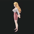 Anime Style Woman With Long Blonde Hair In White Blouse And Pink Skirt