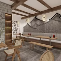 Traditional Chinese Tea House Interior With Wooden Beams Red Lanterns Tea Sets And Staircase