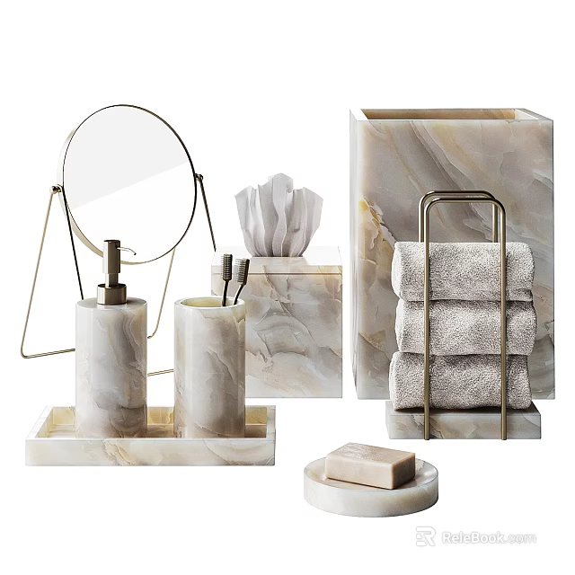 Elegant Bathroom Essentials with Marble Mirror Tissue Box Soap Dispenser Towel Rack and Towels 3d model 