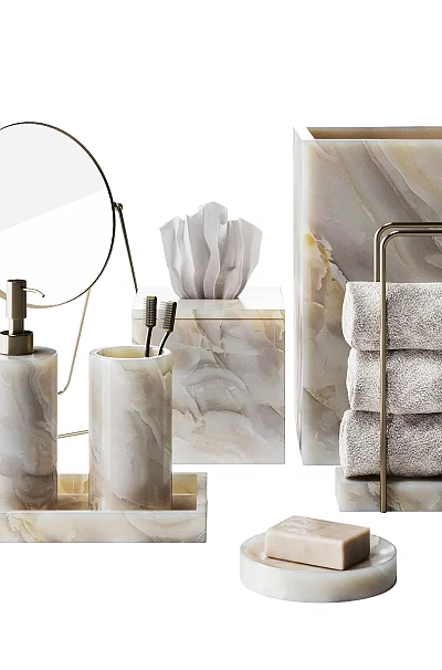 Elegant Bathroom Essentials with Marble Mirror Tissue Box Soap Dispenser Towel Rack and Towels 3d model