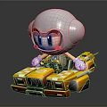 Adorable Pink Cheeks Cartoon Character Driving Yellow Striped Racing Car With White Helmet