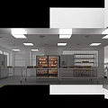 Commercial Kitchen Interior With Refrigerated Display Cases Storage Racks And Food Items