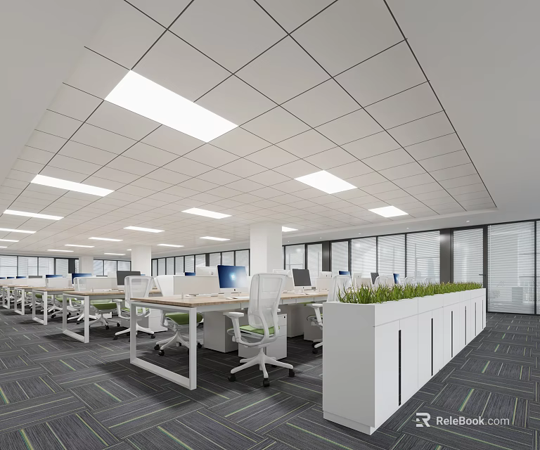 Public Office Space Interior With White Ceiling Square Lights Work Desks Chairs And Green Plants 3d model 