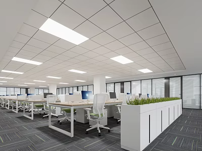 Public Office Space Interior With White Ceiling Square Lights Work Desks Chairs And Green Plants 3d model