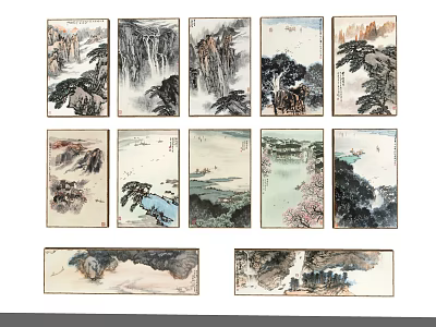 Traditional Chinese Landscape Paintings With Mountains Waterfalls Trees Rivers And Scroll Artworks 3d model