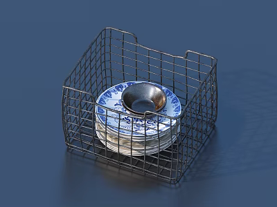 Wire Storage Basket with Blue and White Patterned Plates and Metal Bowl 3d model