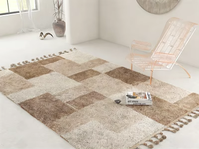 Square Rug with Beige Brown Patchwork and Tassels in White Room with Transparent Chair 3d model
