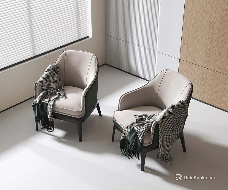 Light Gray Armchairs With Plaid Blankets In Bright Room With Window And Wooden Panel 3d model 