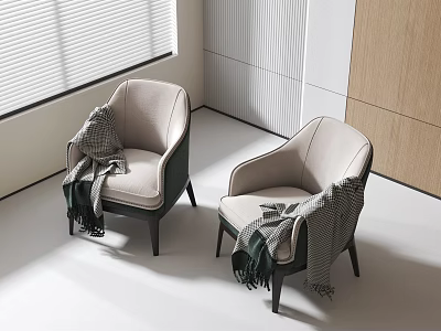 Light Gray Armchairs With Plaid Blankets In Bright Room With Window And Wooden Panel 3d model